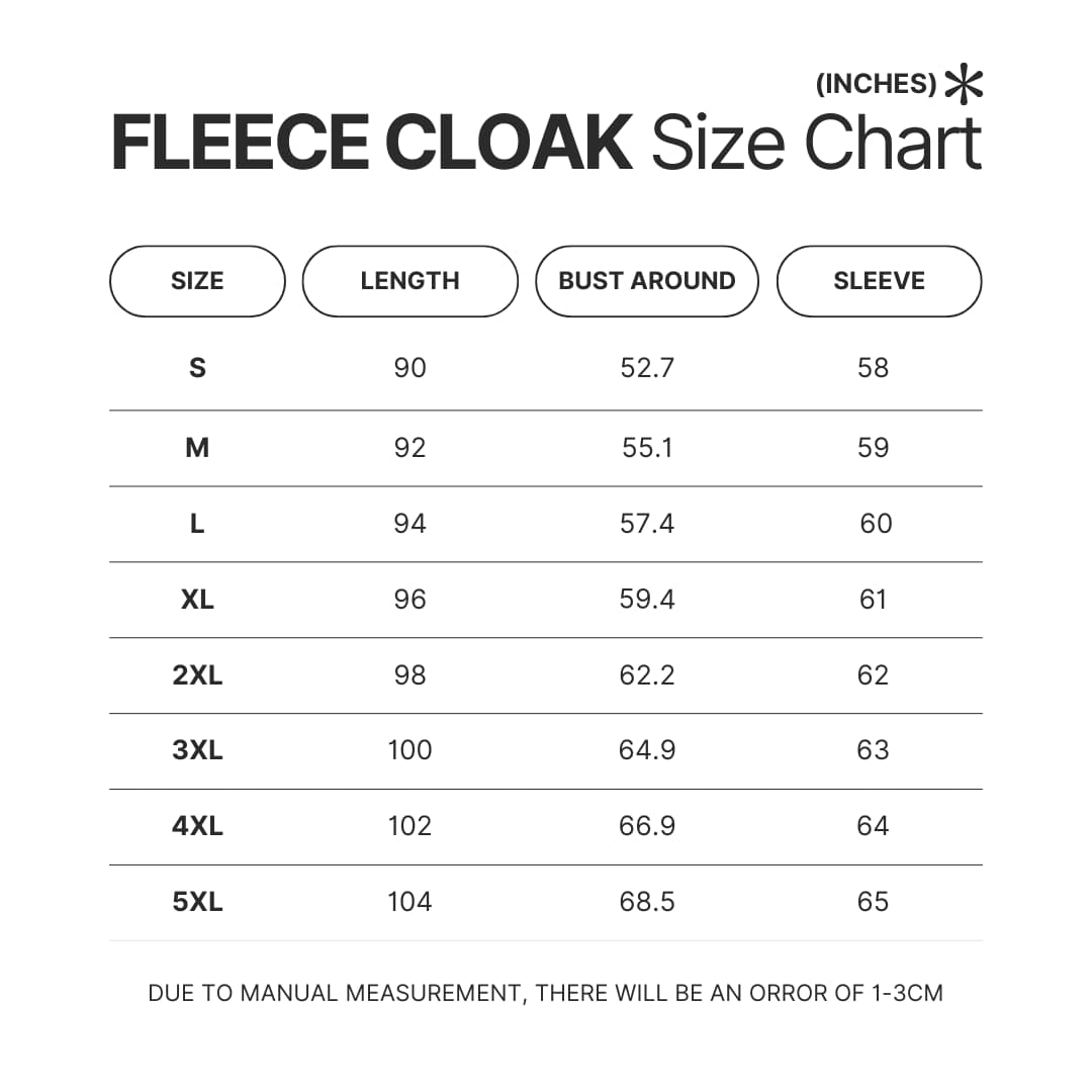 Fleece Cloak Size Chart - Howl's Moving Castle Shop